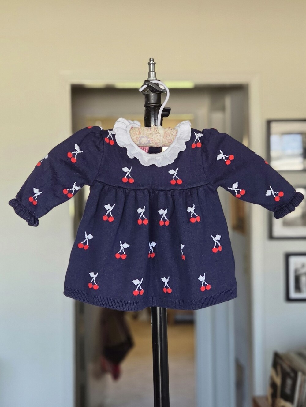 Janie and Jack Navy Knit Dress with Cherry Pattern & White Ruffle Accent